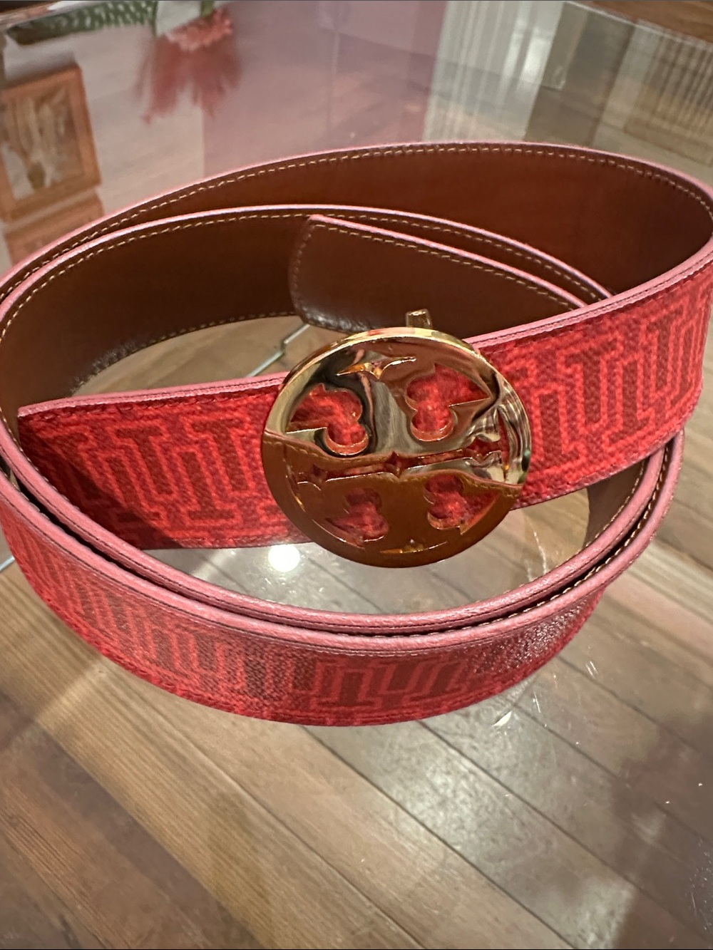 Tory Burch Pink Logo Pattern Belt with Gold Round Buckle